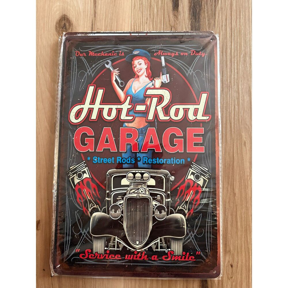 Vintage Style Pinup "Hot-Rod Garage - Mechanic Always On Duty" Metal Sign